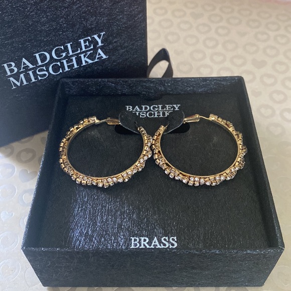 Badgley Mischka Rhinestone & Brass 1-1/2" Hoop Earrings - Picture 9 of 12